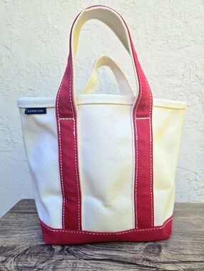 Vintage Lands' End Heavy Duty Cream Canvas Small Tote with Red Accents